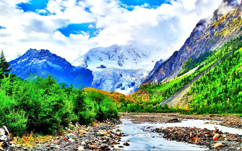 Snow-capped Mountains — Blue, Dramatic, Afternoon, Photograph, River, Forest, Glacier