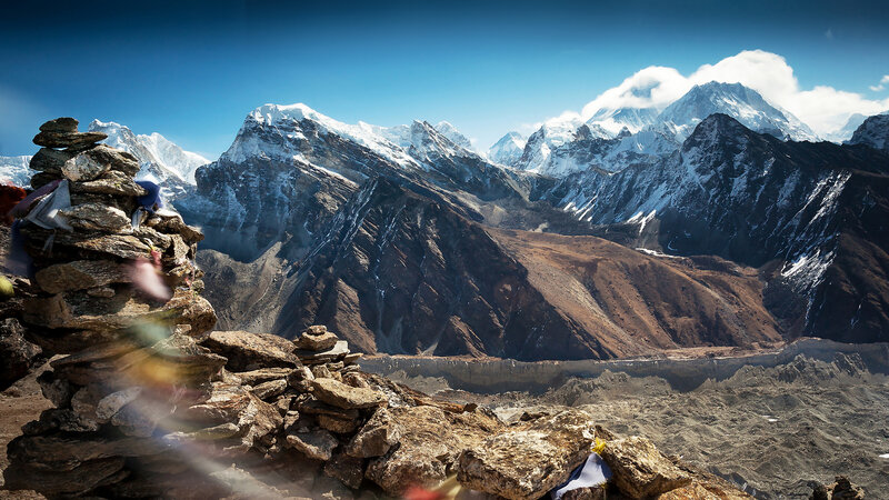 Snow-capped Mountains — Blue, Dramatic, Afternoon, Photograph, Rock Cairn