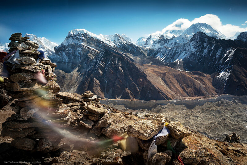 Snow-capped Mountains — Blue, Dramatic, Afternoon, Photograph, Rock Cairns, Prayer Flags