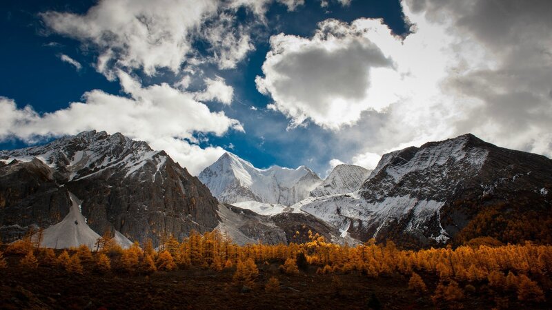 Snow-capped Mountains — Blue, Dramatic, Autumn, Photograph, Clouds, Trees