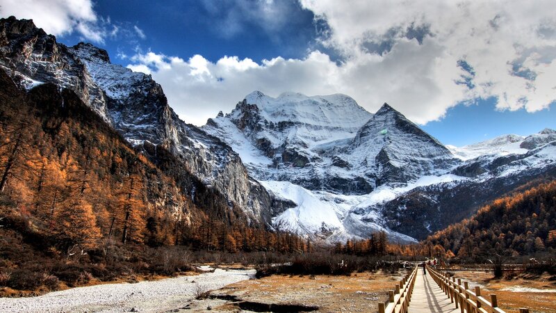 Snow-capped Mountains — Blue, Dramatic, Autumn, Photograph, Forest, River