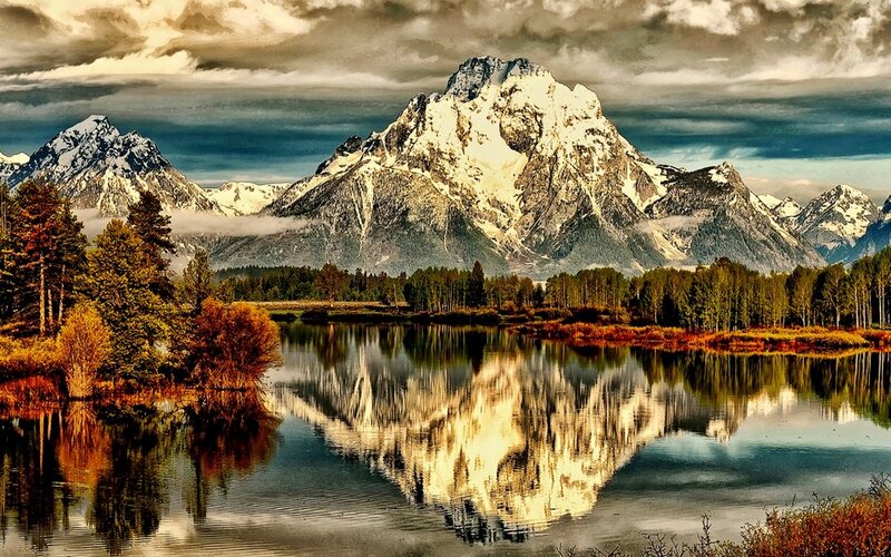 Snow-capped Mountains — Blue, Dramatic, Autumn, Photograph, Lake