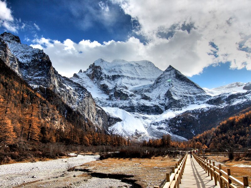 Snow-capped Mountains — Blue, Dramatic, Autumn, Photograph, Mountain, Forest, Boardwalk