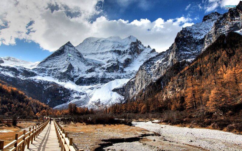 Snow-capped Mountains — Blue, Dramatic, Autumn, Photograph, Mountain Range, Wooden Walkway, River