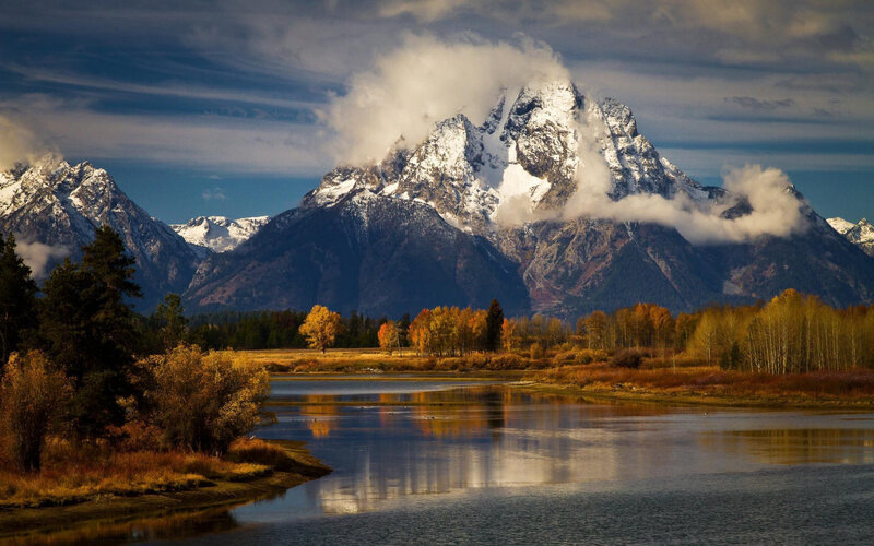 Snow-capped Mountains — Blue, Dramatic, Autumn, Photograph, River, Trees