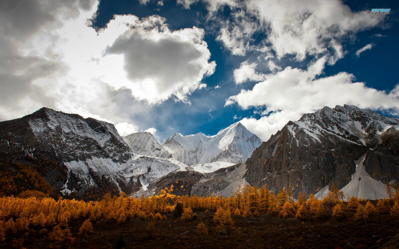 Snow-capped Mountains — Blue, Dramatic, Autumn, Photograph, Trees, Clouds