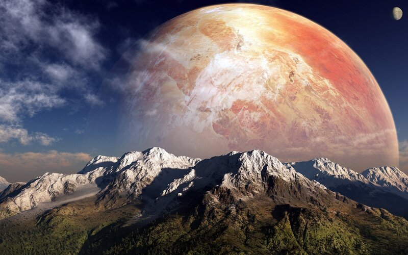 Snow-capped Mountains — Blue, Dramatic, Digital Art, Planet, Moon