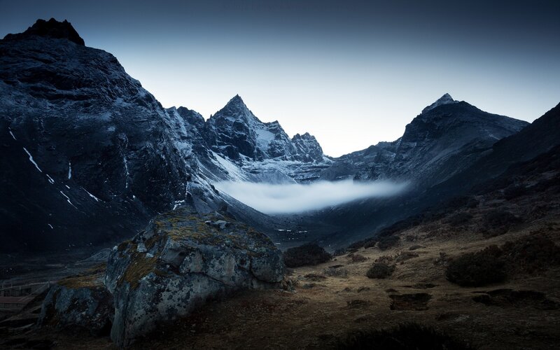 Snow-capped Mountains — Blue, Dramatic, Morning, Photograph, Clouds, Rocks, Gray