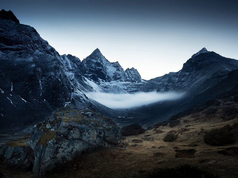 Snow-capped Mountains — Blue, Dramatic, Morning, Photograph, Clouds, Rocks, Valley