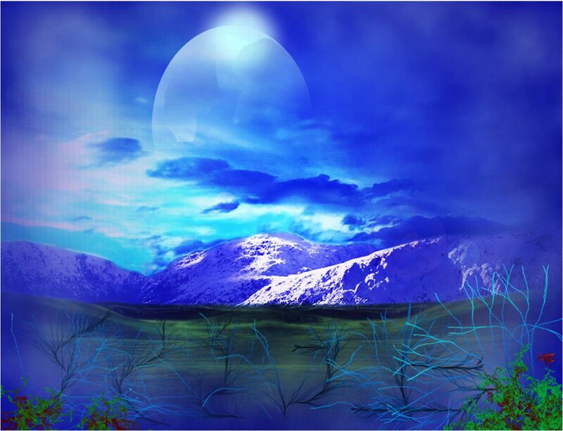 Snow-capped Mountains — Blue, Dramatic, Night, Digital Art, Moon