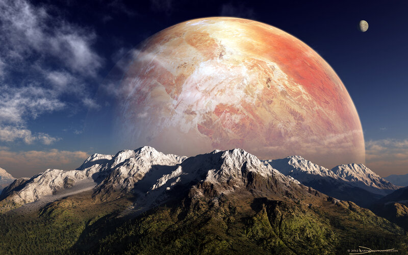 Snow-capped Mountains — Blue, Dramatic, Night, Digital Art, Planet, Moon, Clouds