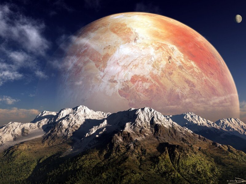Snow-capped Mountains — Blue, Dramatic, Night, Digital Art, Planet, Moon