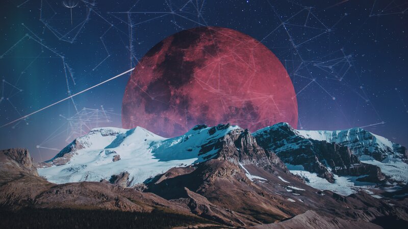 Snow-capped Mountains — Blue, Dramatic, Night, Digital Art, Red Moon
