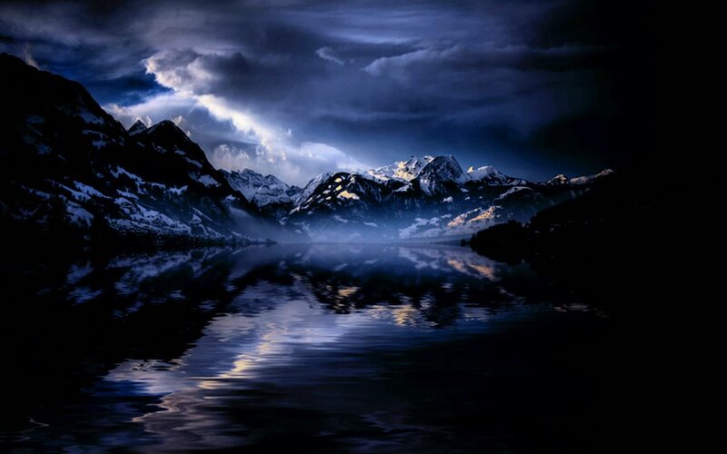 Snow-capped Mountains — Blue, Dramatic, Night, Photograph, Lake, Clouds, Reflection