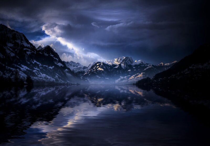 Snow-capped Mountains — Blue, Dramatic, Night, Photograph, Lake, Clouds