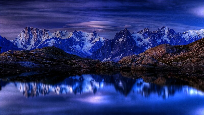 Snow-capped Mountains — Blue, Dramatic, Night, Photograph, Lake, Sky