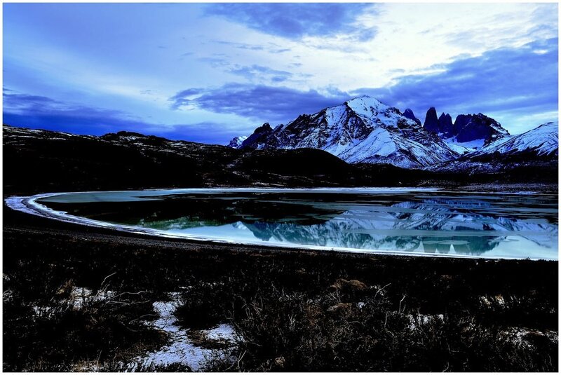 Snow-capped Mountains — Blue, Dramatic, Night, Photograph, Lake, Sky, White