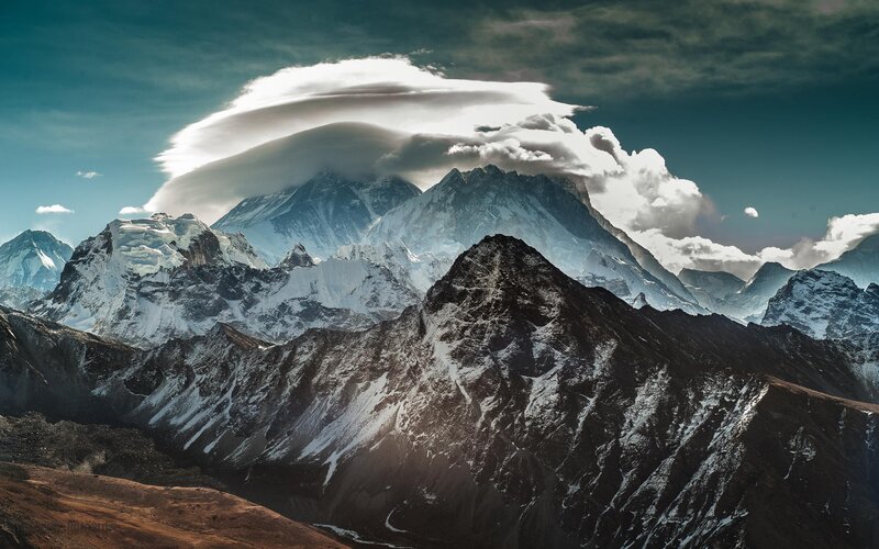 Snow-capped Mountains — Blue, Dramatic, Photograph, Clouds, Mountain Peaks