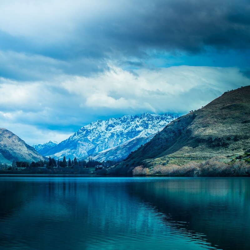 Snow-capped Mountains — Blue, Dramatic, Photograph, Lake, Clouds, Hills