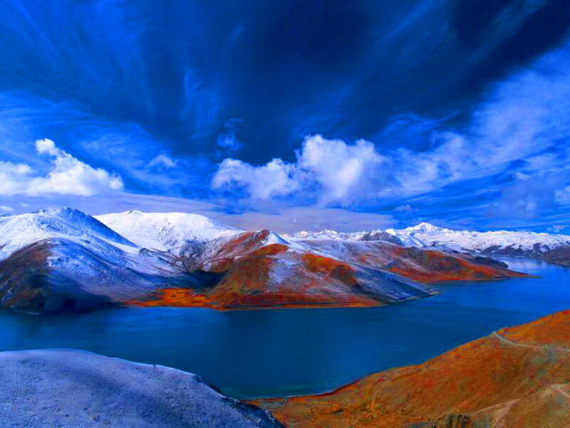 Snow-capped Mountains — Blue, Dramatic, Photograph, Lake, Clouds