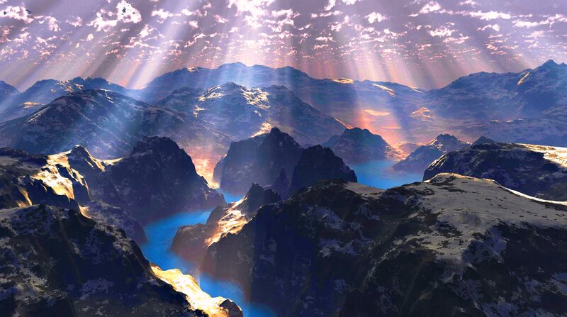 Snow-capped Mountains — Blue, Dramatic, Sunrise, Digital Art