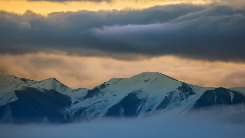 Snow-capped Mountains — Blue, Dramatic, Sunrise, Photograph, Clouds, Fog