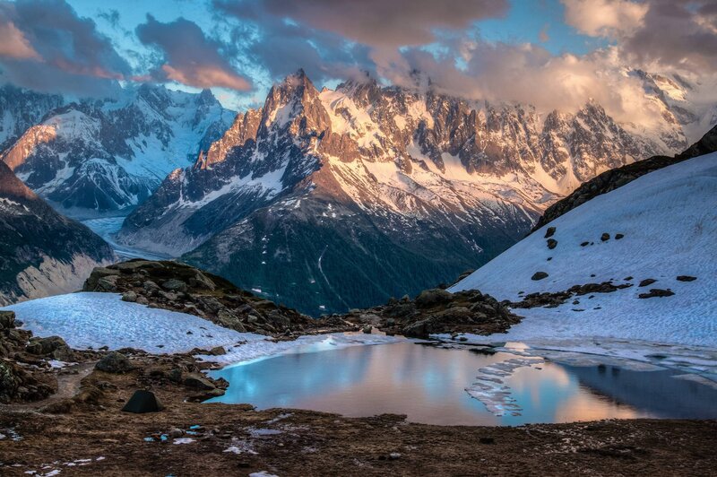 Snow-capped Mountains — Blue, Dramatic, Sunrise, Photograph, Lake