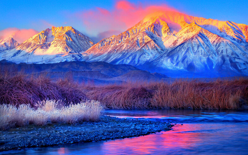 Snow-capped Mountains — Blue, Dramatic, Sunrise, Photograph, River, Reeds