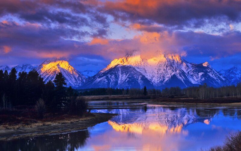 Snow-capped Mountains — Blue, Dramatic, Sunrise, Photograph, River, Trees, Clouds