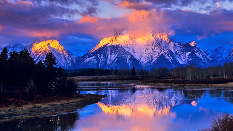 Snow-capped Mountains — Blue, Dramatic, Sunrise, Photograph, River, Trees