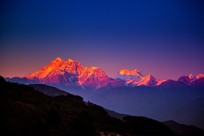 Snow-capped Mountains — Blue, Dramatic, Sunrise, Photograph, Sky, Trees