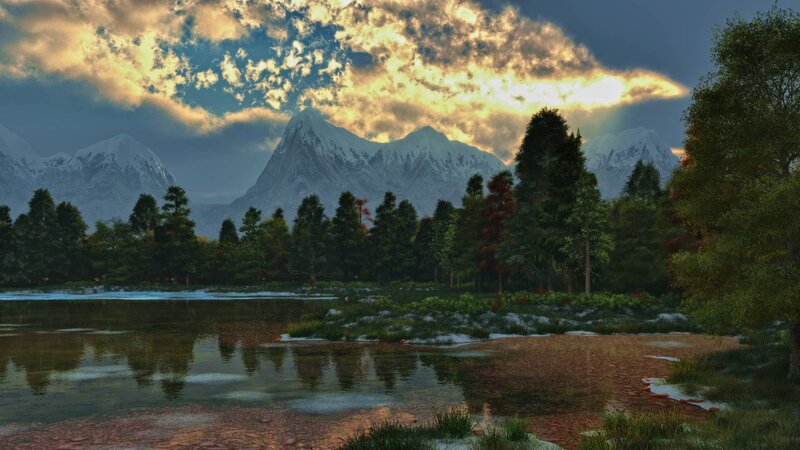 Snow-capped Mountains — Blue, Dramatic, Sunset, Digital Art, Forest