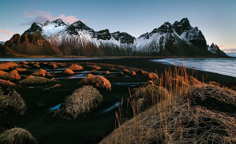 Snow-capped Mountains — Blue, Dramatic, Sunset, Photograph, Black Sand Beach