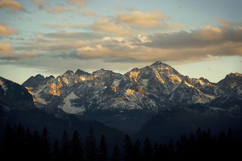 Snow-capped Mountains — Blue, Dramatic, Sunset, Photograph, Clouds, Trees