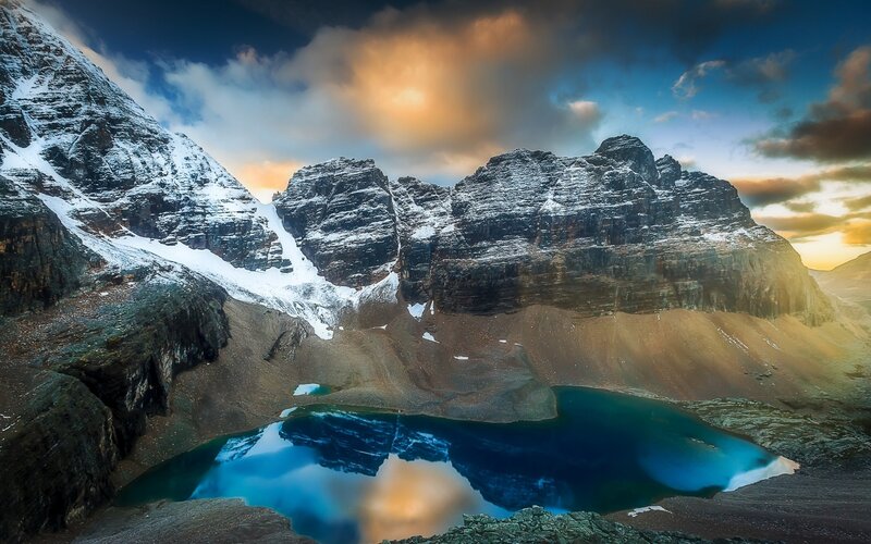 Snow-capped Mountains — Blue, Dramatic, Sunset, Photograph, Lake, Clouds, Rock