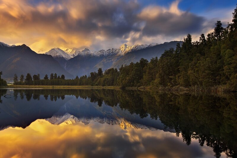 Snow-capped Mountains — Blue, Dramatic, Sunset, Photograph, Lake, Forest