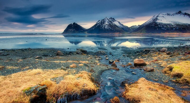 Snow-capped Mountains — Blue, Dramatic, Sunset, Photograph, Lake, Rocks, Grass