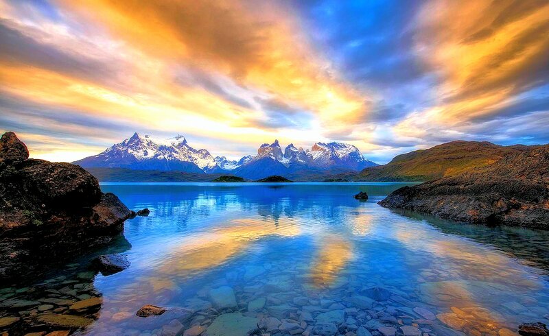Snow-capped Mountains — Blue, Dramatic, Sunset, Photograph, Lake, Rocks, Sky