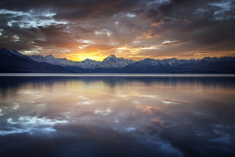 Snow-capped Mountains — Blue, Dramatic, Sunset, Photograph, Lake, Sky, Clouds, Orange