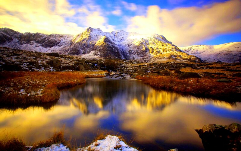 Snow-capped Mountains — Blue, Dramatic, Sunset, Photograph, Lake, Sky