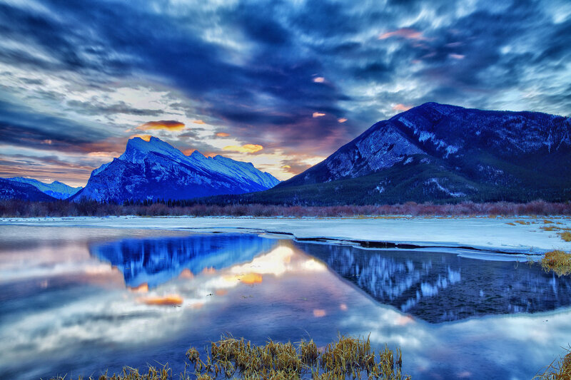 Snow-capped Mountains — Blue, Dramatic, Sunset, Photograph, Lake, Sky, Trees