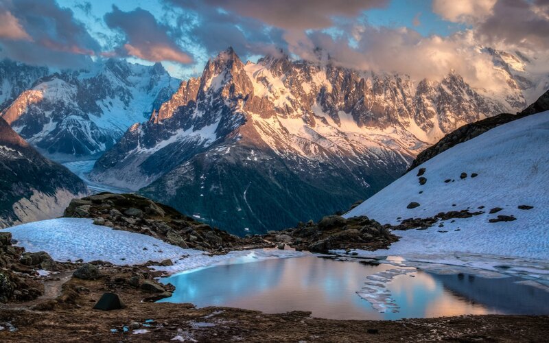 Snow-capped Mountains — Blue, Dramatic, Sunset, Photograph, Lake, Snow