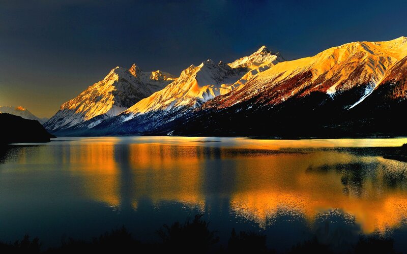 Snow-capped Mountains — Blue, Dramatic, Sunset, Photograph, Lake