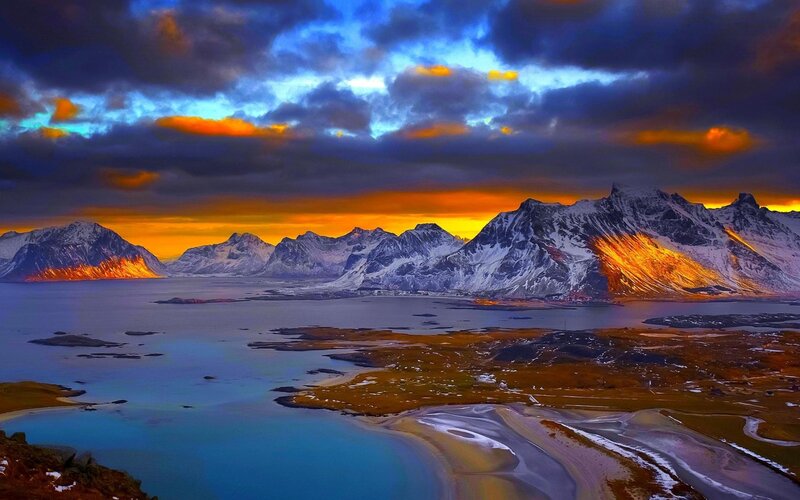 Snow-capped Mountains — Blue, Dramatic, Sunset, Photograph, Sea, Sky, Clouds