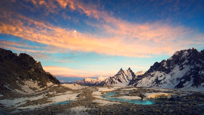 Snow-capped Mountains — Blue, Dramatic, Sunset, Photograph, Sky, Lake