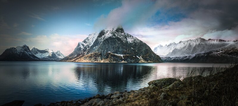 Snow-capped Mountains — Blue, Dramatic, Winter, Photograph, Lake, Clouds, Rocks