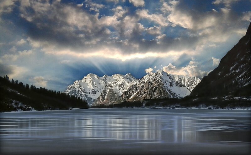 Snow-capped Mountains — Blue, Dramatic, Winter, Photograph, Lake, Clouds
