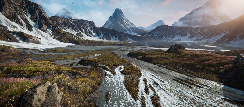 Snow-capped Mountains — Blue, Serene, Afternoon, 3d Render, River