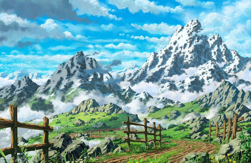 Snow-capped Mountains — Blue, Serene, Afternoon, Digital Art, Fences