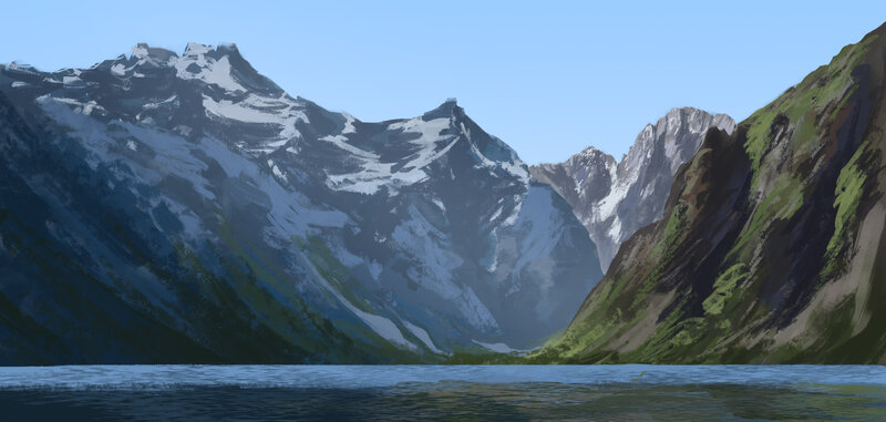 Snow-capped Mountains — Blue, Serene, Afternoon, Digital Art, Lake, Valley